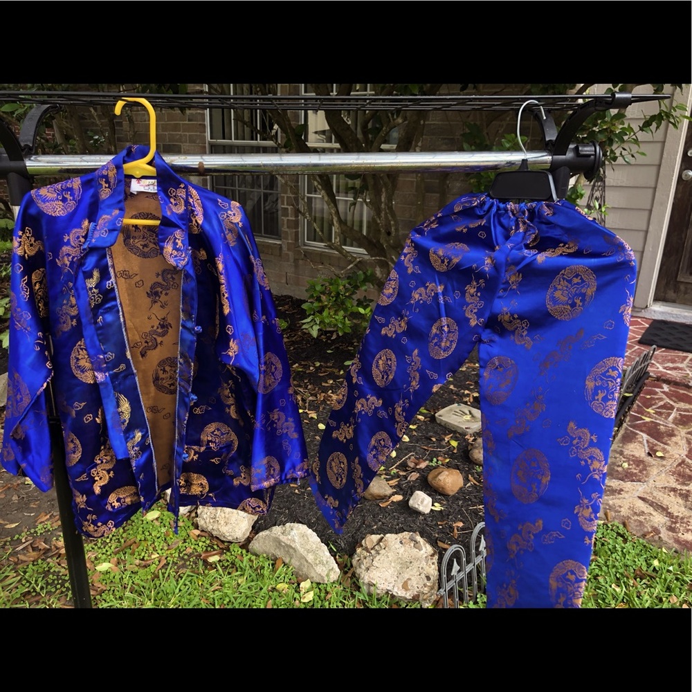 Chinese Vintage golden dragon silk matching set for young kids